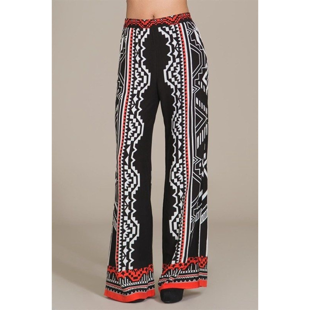 Women's Jealous Tomato L Black Red White Tribal Print Wide Leg Pants - Picture 4 of 15